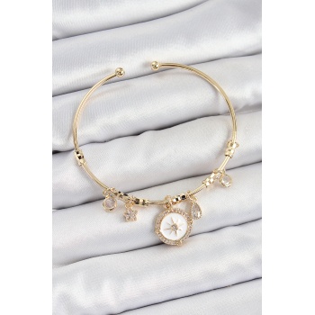 Pirinç Zirkon Taşlı Pusula Model Gold Renk Charm Bileklik - Lisinya