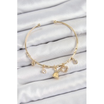 Pirinç Zirkon Taşlı Tavşan Ve Kalp Model Gold Renk Charm Bileklik - Lisinya