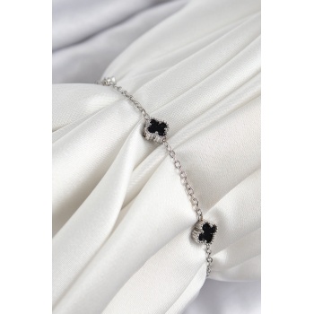 316L Çelik Siyah Sedef Yonca Model Gümüş Renk Kadın Bileklik - Lisinya