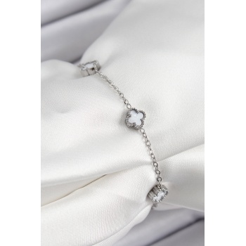 316L Çelik Beyaz Sedef Yonca Model Gümüş Renk Kadın Bileklik - Lisinya