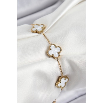 316L Çelik Beyaz Sedef Yonca Model Gold Renk Kadın Bileklik - Lisinya