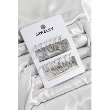 Pirinç Karışık Halka Model Gümüş Renk 6 Çift Kadın Küpe Set - Lisinya