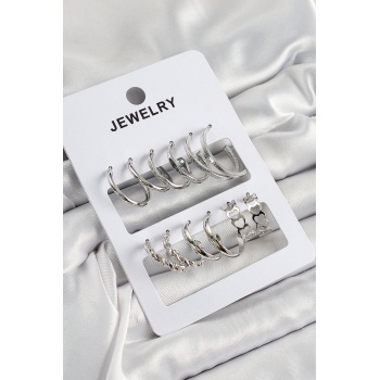 Pirinç Karışık Halka Model Gümüş Renk 6 Çift Kadın Küpe Set - Lisinya