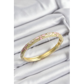 Mineli Pirinç Pembe Hardal Ve Krem Çiçek Motifli Gold Renk Kadın Kelepçe - Lisinya