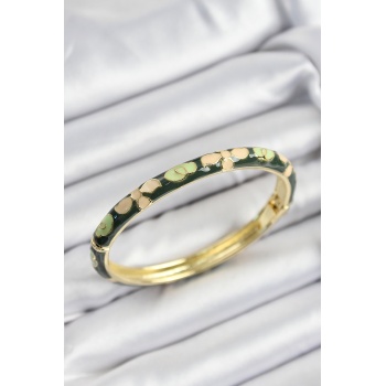 Mineli Pirinç Krem Ve Yeşil Çiçek Motifli Gold Renk Kadın Kelepçe - Lisinya