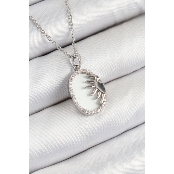 316L Çelik Zirkon Taşlı Yarım Güneş Model Gümüş Renk Kadın Kolye - Lisinya