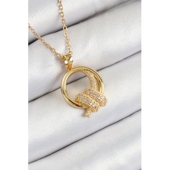 316L Çelik Zirkon Taşlı Düğüm Model Gold Renk Kadın Kolye - Lisinya