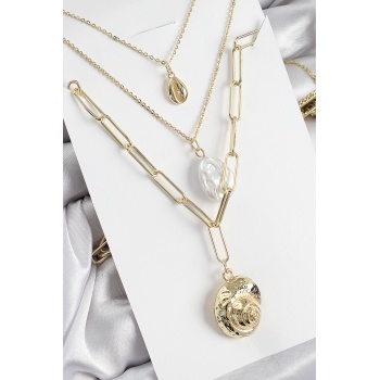 Pirinç Çoklu Zincirli İncili Deniz Kabuğu Model Gold Renk Kadın Kolye - Lisinya