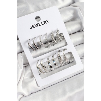 Pirinç Karışık Halka Model Gümüş Renk 6 Çift Kadın Küpe Set - Lisinya