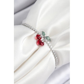 Pirinç Zirkon Taşlı Kiraz Model Gümüş Renk Asansörlü Kadın Bileklik - Lisinya