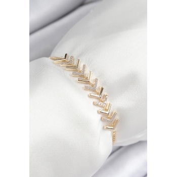 Pirinç Zirkon Taşlı Sıralı Ok Model Gold Renk Asansörlü Kadın Bileklik - Lisinya