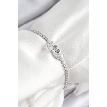 Pirinç Zirkon Taşlı Kuğu Model Gümüş Renk Asansörlü Kadın Bileklik - Lisinya