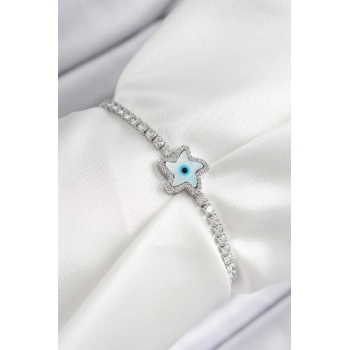 Pirinç Zirkon Taşlı Nazar Yıldız Model Gümüş Renk Asansörlü Kadın Bileklik - Lisinya