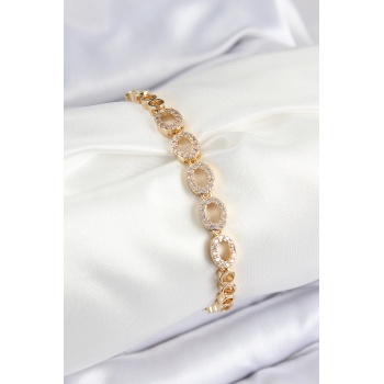 Pirinç Zirkon Taşlı Oval Model Gold Renk Kadın Bileklik - Lisinya