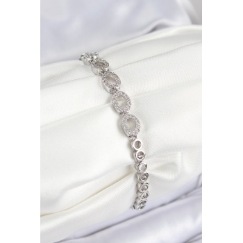 Pirinç Zirkon Taşlı Oval Model Gümüş Renk Kadın Bileklik - Lisinya