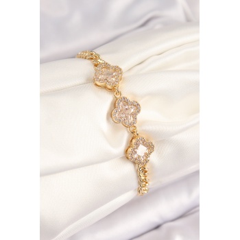 Pirinç Zirkon Taşlı Yonca Model Gold Renk Kadın Bileklik - Lisinya