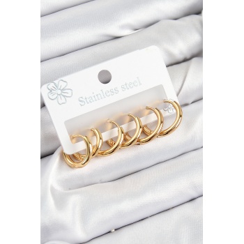 316L Çelik Halka Model Gold Renk 3lü Set Kadın Küpe - Lisinya