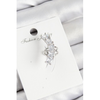 Pirinç Zirkon Taşlı Model Gümüş Renk Sağ Kıkırdak Küpe - Lisinya