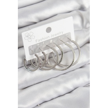 Pirinç Halka Model Gümüş Renk Kadın Set Küpe - Lisinya