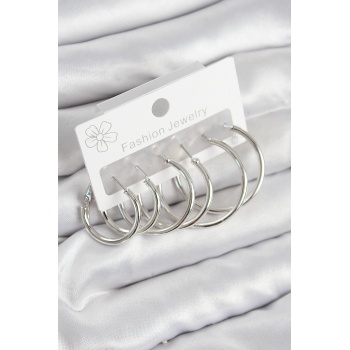 Pirinç Halka Model Gümüş Renk Kadın Set Küpe - Lisinya