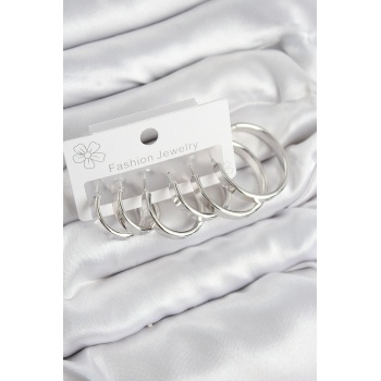 Pirinç Halka Model Gümüş Renk Kadın Set Küpe - Lisinya