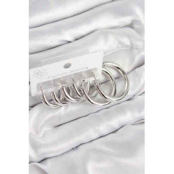 Pirinç Halka Model Gümüş Renk Kadın Set Küpe - Lisinya