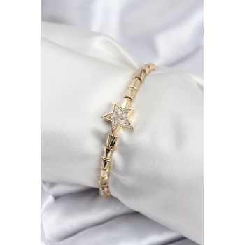 Pirinç VIP Seri Gold Renk Zirkon Taşlı Yıldız Model Kadın Bileklik - Lisinya