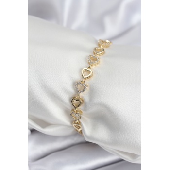 Pirinç VIP Seri Gold Renk Sıralı Kalp Model Kadın Bileklik - Lisinya