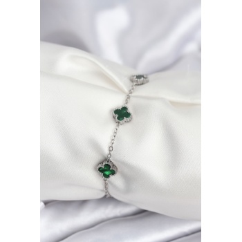 316L Çelik Gümüş Renk Yeşil Baby Boy Yonca Kadın Bileklik - Lisinya