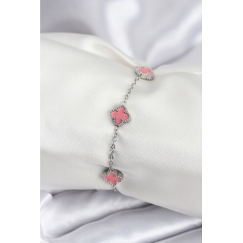 316L Çelik Gümüş Renk Pembe Baby Boy Yonca Kadın Bileklik - Lisinya