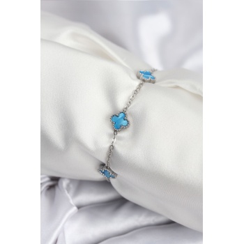 316L Çelik Gümüş Renk Buz Mavisi Baby Boy Yonca Kadın Bileklik - Lisinya
