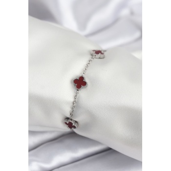 316L Çelik Gümüş Renk Bordo Baby Boy Yonca Kadın Bileklik - Lisinya