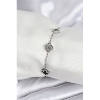 316L Çelik Gümüş Renk Siyah ve Zirkon Taşlı Baby Boy Yonca Kadın Bileklik - Lisinya