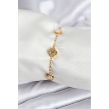 316L Çelik Gold Renk Beyaz ve Zirkon Taşlı Baby Boy Yonca Kadın Bileklik - Lisinya