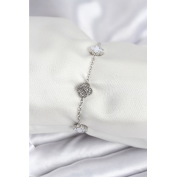 316L Çelik Gümüş Renk Beyaz ve Zirkon Taşlı Baby Boy Yonca Kadın Bileklik - Lisinya