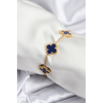 316L Çelik Zincir Gold Renk Lacivert Yonca Kadın Bileklik - Lisinya