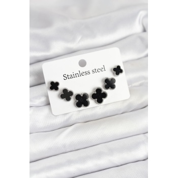 316L Çelik Gümüş Siyah Renk 3 Boy Yonca Küpe Seti - Lisinya