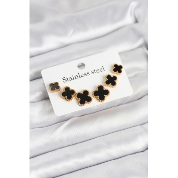 316L Çelik Gold Siyah Renk 3 Boy Yonca Küpe Seti - Lisinya