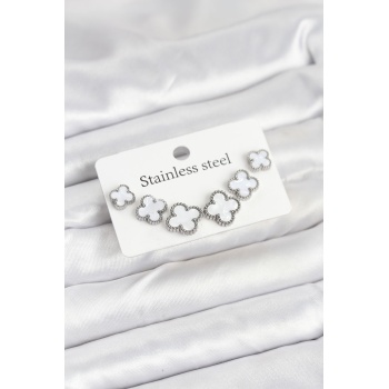 316L Çelik Gümüş Beyaz Renk 3 Boy Yonca Küpe Seti - Lisinya