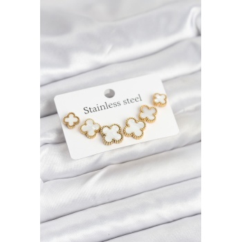 316L Çelik Gold Beyaz Renk 3 Boy Yonca Küpe Seti - Lisinya