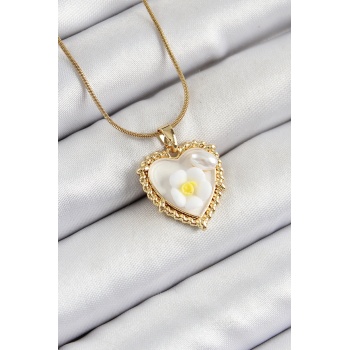 316L Çelik Zincir Beyaz Sanatsal Portre İnci Detaylı Papatya Figürlü Kalp Model Gold Renk Kadın Kolye - Lisinya