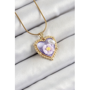 316L Çelik Zincir Mor Sanatsal Portre İnci Detaylı Papatya Figürlü Kalp Model Gold Renk Kadın Kolye - Lisinya