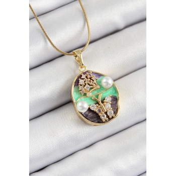 316L Çelik Zincir Zirkon Taşlı Yeşil Mor Sanatsal Portre İnci Detaylı Ağaç Ve Kelebek Figürlü Model Gold Renk Kadın Kolye - Lisinya