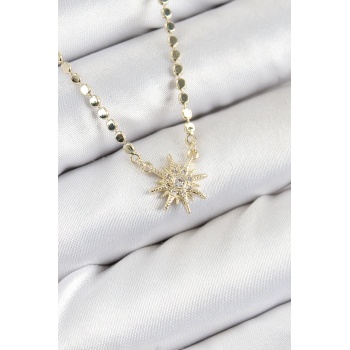 Pirinç Zirkon Taşlı Kutup Yıldızı Model Ezme Zincir Gold Renk Kadın Kolye - Lisinya