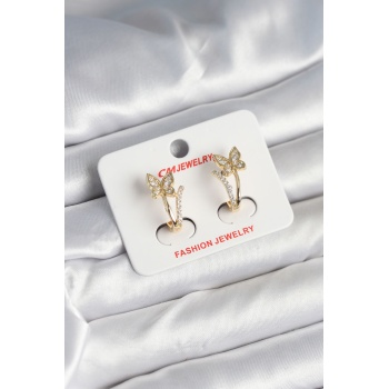 Pirinç Gold Renk Zirkon Taşlı Kelebek Model Kadın Küpe - Lisinya