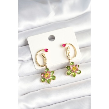 Pirinç Gold Renk Zirkon Taşlı Çiçek Model Kadın Küpe - Lisinya