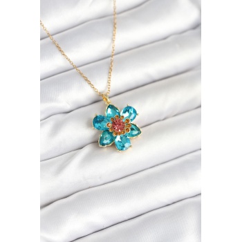 316L Çelik Zincirli Mavi Çiçek Model Kadın Kolye - Lisinya