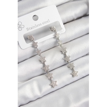 Pirinç Zirkon Taşlı Sallantılı Yıldız Model Gümüş Renk Kadın Küpe - Lisinya