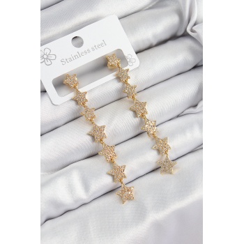 Pirinç Zirkon Taşlı Sallantılı Yıldız Model Gold Renk Kadın Küpe - Lisinya