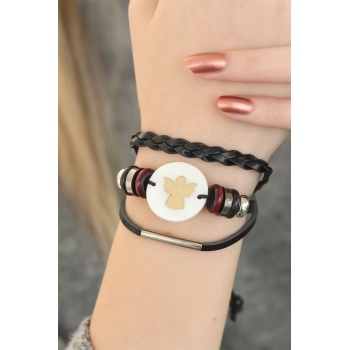 Siyah Renk Melekli Tasarım Çoklu Deri Bayan Bileklik - Lisinya